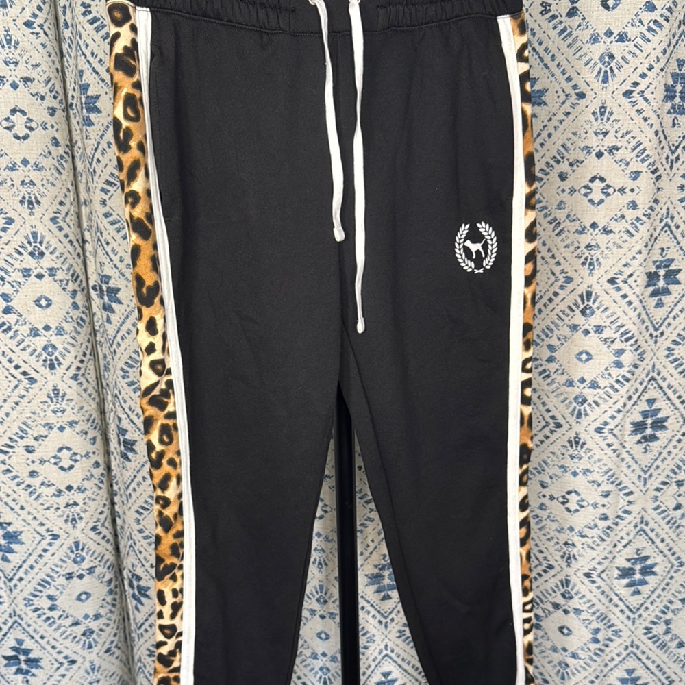PINK Black Joggers with Leopard Print Accents size M